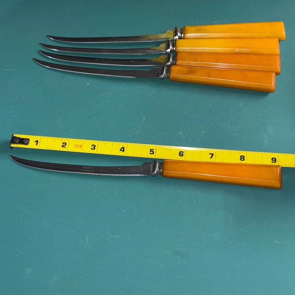Vintage Henry's Stainless Steel Steak Knives Set Amber Bakelite Handles Set of 5